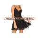 Scalloped trim Spaghetti Strap women fit and flare black lace dress