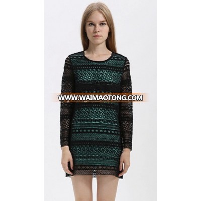 spring dress pattern design manufacturer long sleeve two-layers lace dress fashion