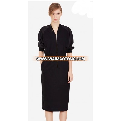 women 3/4 sleeve dress chiffon elegant loose black dress with zipper